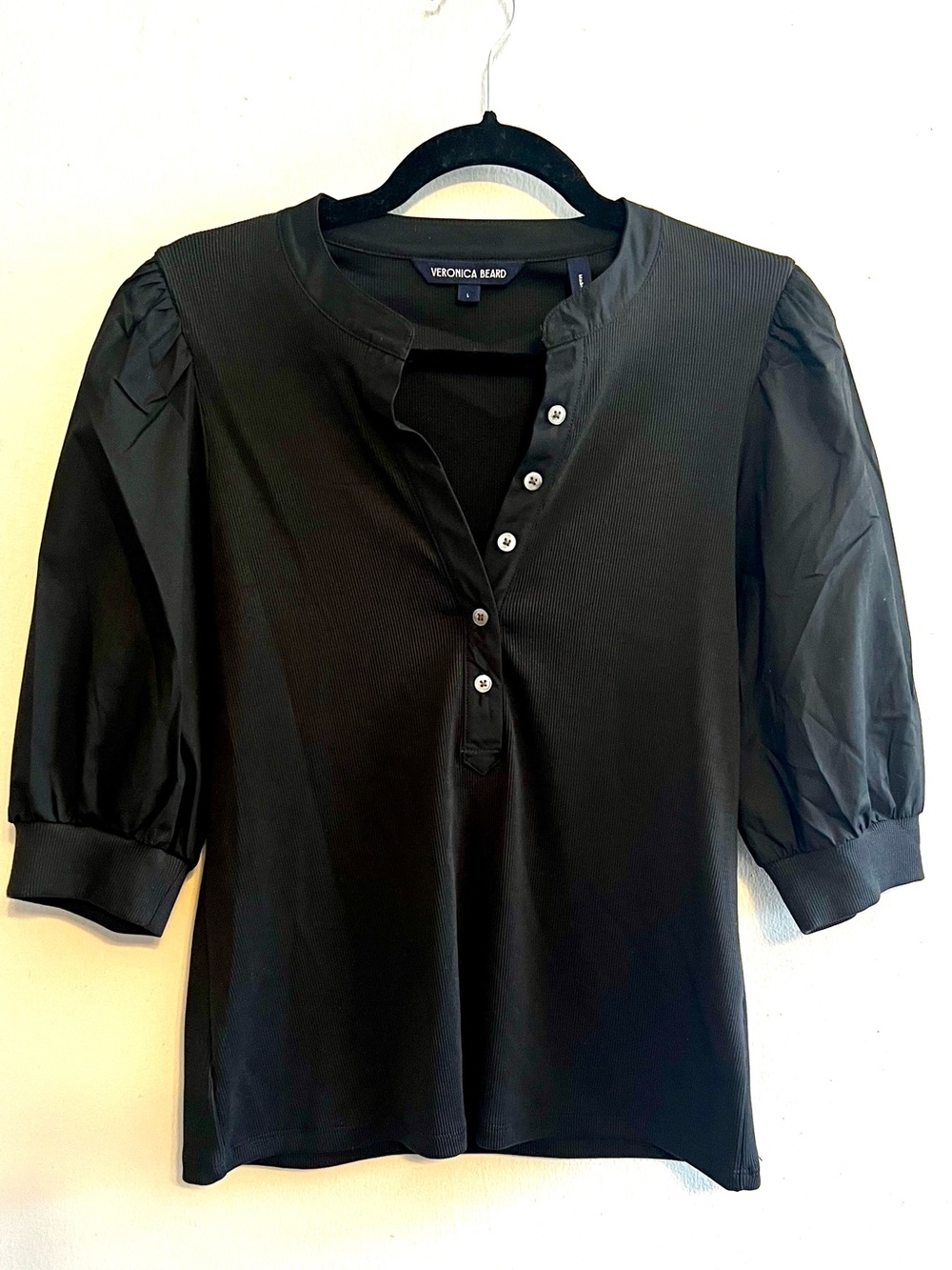 Veronica Beard Coralee Black Ribbed Puff Sleeve Henley Top Womens Size L